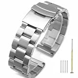 Hstrap Silver/Black/Blue/Grey/Gold Stainless Steel Watch Bands, Brushed Finish Watch Strap 18mm/20mm/21mm/22mm/24mm/26mm Double Buckle Bracelet (Screw-In Silver, 20mm)