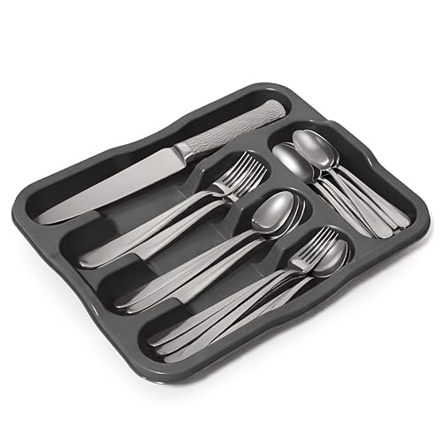 DIVCHI 5 Compartment Cutlery Tray Compact Storage Divider for Kitchen Drawers Plastic Cutlery Organiser Insert with Anti-Slip Base Utensil Holder for Knives Forks Spoons Durable Easy Clean Dark Grey