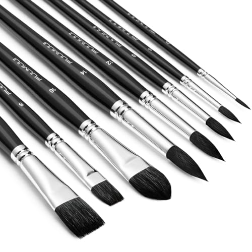 Pinceles Acuarela Profesional - 8 Pinceles de Pelo Ardilla para Acuarela | Excelente Resorte y Gran Absorción | Pinceles Redonda, Planos, Lengua de Gato | Pinceles pelo Natural, Watercolor Brushes