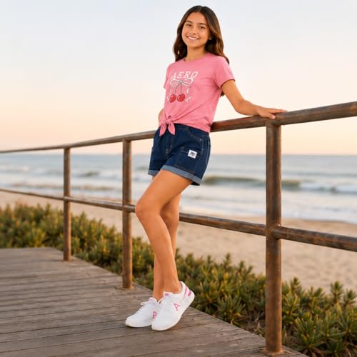 Image of AEROPOSTALE Girls Shorts Set - 2 Piece Soft Short Sleeve Graphic Tees and Twill or Denim Shorts Summer Outfits for Girls