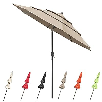 Yescom UV70+ 3-Tiers 10ft Patio Umbrella with Crank Handle Push to Tilt Outdoor Garden Yard Pool Khaki