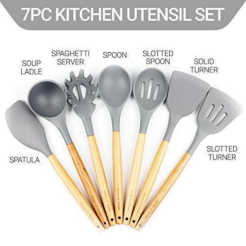 Silicone Kitchen Utensil Set By House Of Shade - Non Scratch Cooking Utensils W/ Natural Beechwood Handles - Bpa Free Grey Heads - 7 Piece Nonstick/Heat Resistant Tools - Great Wood Grip #TOP4