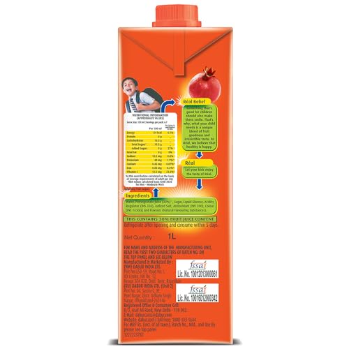 Image of DABUR Real Pomegranate Fruit Juice -1L (Pack Of 4) | Rich In Vitamin C | No Added Preservatives, No Artificial Colors & Flavours | Goodness Of Best Fruits | Daily Dose Of Fruit Nutrition