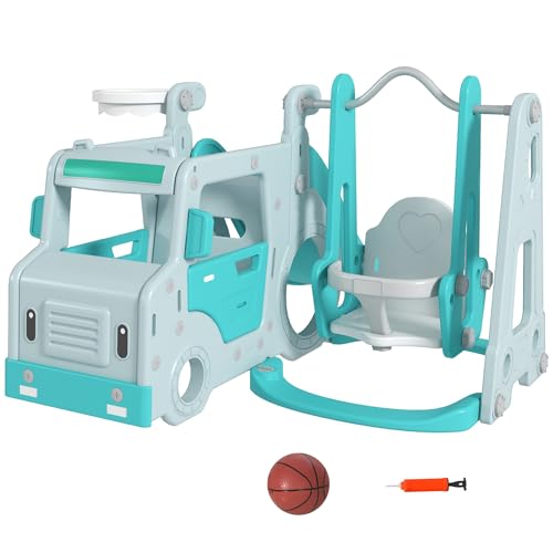 AIYAPLAY Set 6 in 1 con Scivolo, Altalena, Canestro e Macchinina per Bambini con Volante, Regalo da 18-48 Mesi, Azzurro