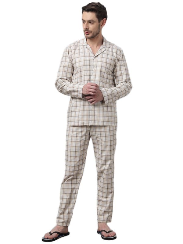 english navy Beige Men Checked Lapel Collar Shirt & Pyjamas Wrinkle Ressistant Night Suit-picture-35