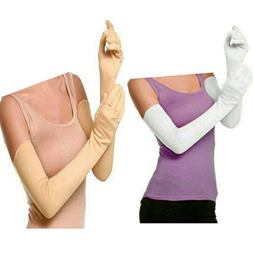 Women's Cotton Full Hand Gloves (Skin and White, Free Size)-2 Pairs