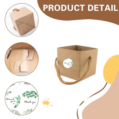 40 Stück Sukkulenten Verpackungen,Sukkulenten Geschenktüten mit Griffen,Kraftpapier Geschenktüte mit 48 Aufkleber,für Hochzeit, Babyparty, Geschenkideen,6,35 x 6,35 x 6,35cm