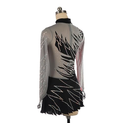 Vestido de patinação artística, temperamento preto cinza vermelho linha strass patinação artística c