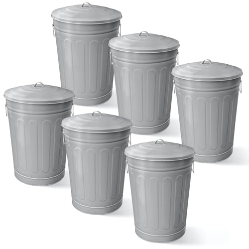 Image of Plexon 13 Gallon Metal Trash Can with Lid Outdoor Vintage Trash Can Steel Retro Garbage Can for Kitchen Farmhouse Rustic Bird Seed Storage Pet Food Cute Bucket, Gray 6 Pack