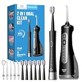 JTF Brosse à Dents Électrique & Hydropulseur 2-en-1 – Brosse à Dents Sonique 5 Modes & Jet Dentaire 3+DIY Modes, 5 Embouts + 6 Têtes de Brosse, Pour Appareil Dentaire, Dents Sensibles, Maison & Voyage