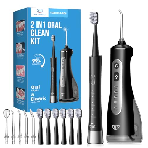 JTF Brosse à Dents Électrique & Hydropulseur 2-en-1 – Brosse à Dents Sonique 5 Modes & Jet Dentaire 3+DIY Modes, 5 Embouts + 6 Têtes de Brosse, Pour Appareil Dentaire, Dents Sensibles, Maison & Voyage