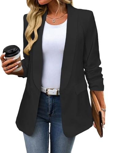 Mina Self Women's 3/4 Sleeve Blazers Ruched 2025 Fall Shawl Collar Open Front Casual Trendy Work Office Jackets Pockets