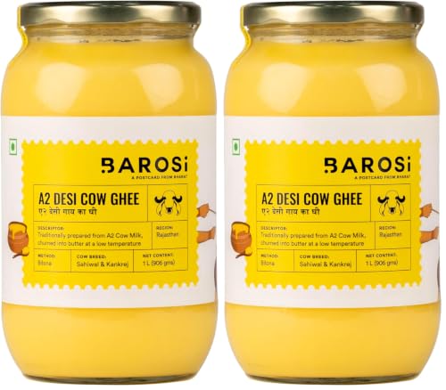 Image of BAROSI A2 Desi Cow Ghee 1 Litre | Traditional Bilona Method | Curd Churned Danedar Ghee | Lab Tested | Grass-Fed Desi Cow | Pure, Natural, Aromatic | Shudh Cow Ghee | Glass Jar(1000ml) (Pack of 2)