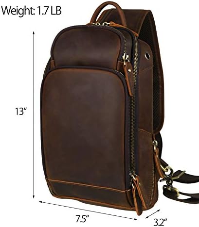 LANNSYNE Vintage Genuine Leather Sling Chest Bag School Hiking Cycling Daypack Crossbody Backpack For Men With USB Charging Port, Compatible with 10.5 inch iPad