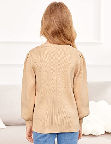 Hopeac Girls Knitwear Winter Sweater Chunky Jumper Tops Long Puff Sleeve Undershirts Winter Knit Vintage Fleece Coat Khaki #TOP3