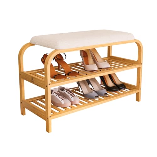 HEIMON Sapateira em Bambu com Banco Estofado 70cm com 2 Andares até 8 Pares, Organização da Entrada da casa, Corredor, Quarto ou Sala