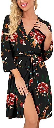 PrinStory Women Kimono Robes Short Lightweight Robe Soft Knit Sleepwear Casual Knit Bathrobe Ladies Loungewear FP-Brown Black-Medium