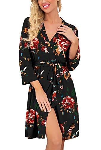 Prinstory Women Kimono Robes Short Lightweight Robe Soft Knit Sleepwear Casual Knit Bathrobe Ladies Loungewear Fp-Brown Black-Medium #TOP6