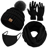 URATOT Winter Warm Stricksets Strickmütze Mütze Schal Gesichtsbedeckung Touchscreen Handschuhe Set für Männer Frauen, schwarz, Medium