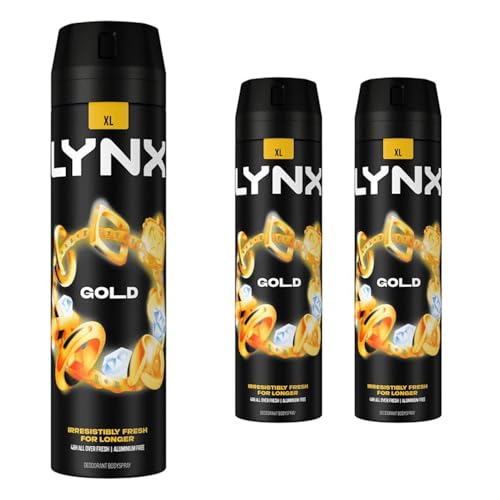 Lynx XL Gold Body Spray Deodorant for Men 200ml Pack of 3, 48H Odour Protection Bodyspray Aerosol, High Definition Masculine Fragrance, Lynx Deodorant Mens Everyday Freshness