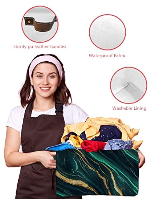 Marble Emerald Green Cube Storage Organizer Bins with Handles, 15x11x9.5 Inch Collapsible Canvas Cloth Fabric Storage Basket, Modern Abstract Gold Art Books Bin Boxes for Shelves, Closet