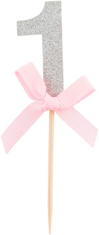 Restaurantware-3.5 x 1.5 Inch Cupcake Toppers, 100 Glitter Number 1 Cake Toppers - With Bow, For Parties, Anniversaries, Or Baby Showers, Silver Paper Birthday Cake Toppers, Pastry Decorations
