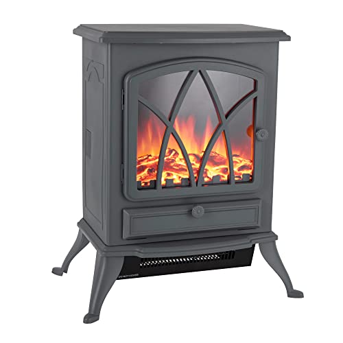 Warmlite WL46018G Stirling Portable Electric Fire Stove Heater with Realistic LED Flame Effect, Adjustable Thermostat, Overheat Protection, 2000W, Grey
