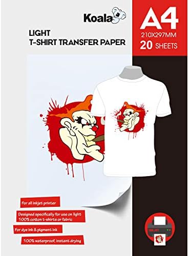 KOALA Premium Inkjet Iron On T Shirt Transfer Paper for White and Light Fabrics x 20 Sheets, A4. Vivid, Long-Lasting Images. Easy to Use
