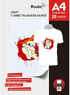 KOALA Premium Inkjet Iron On T Shirt Transfer Paper for White and Light Fabrics x 20 Sheets, A4. Vivid, Long-Lasting Images. Easy to Use