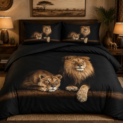 Holiyjog Lion Duvet Cover Sets Black Quilt Cover with 2 Pillow Shams King Size for Boys Kids Animal Bed Set Home Textile by Holiyjog - Used condition - Image 3