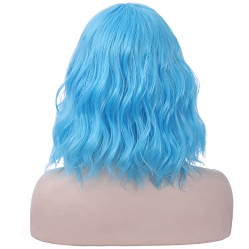 Beron Women Girls Short Curly Wavy Wig With Flat Bangs Rose Net For Party Halloween Cosplay (Sky Blue) #TOP3