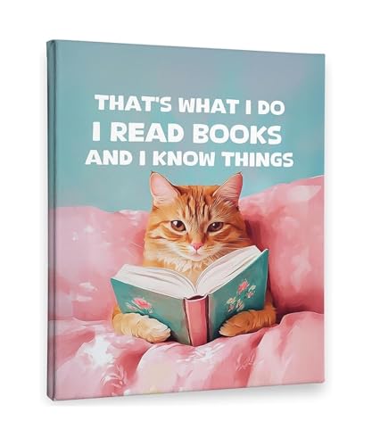 Funny Cat Reading Book Canvas Art Orange Cat Book Lover Wall Decor Bookish Pink Aesthetic for Reading Nook(Unframed,16x24inch(40