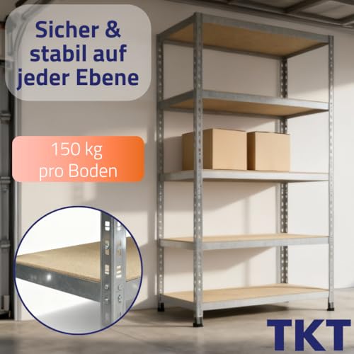 TKT – Work System Steckregal mit Holzböden 180x90x40cm - Verzinktes Regal mit 150kg Tragkraft pro Boden. Schwerlastregal mit 5 Böden für Werkstatt, Wohn- & Kellerraum