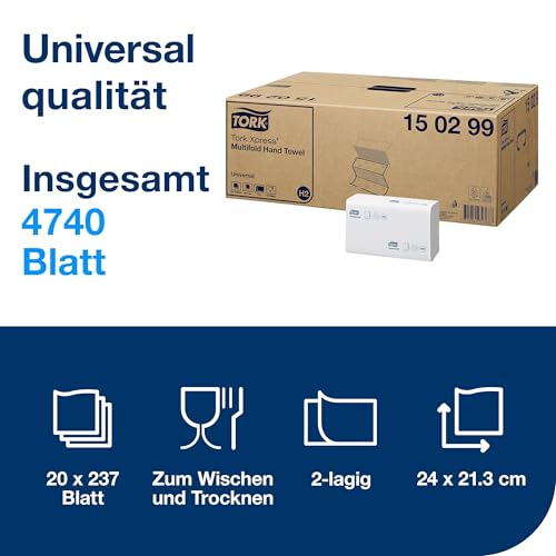 Tork Xpress Multifold Papierhandtücher, 2-lagig, weiß, kompatibel mit H2-Spendern, hygienische Einzelblattentnahme, 20 Packungen x 237 Tücher (150299)