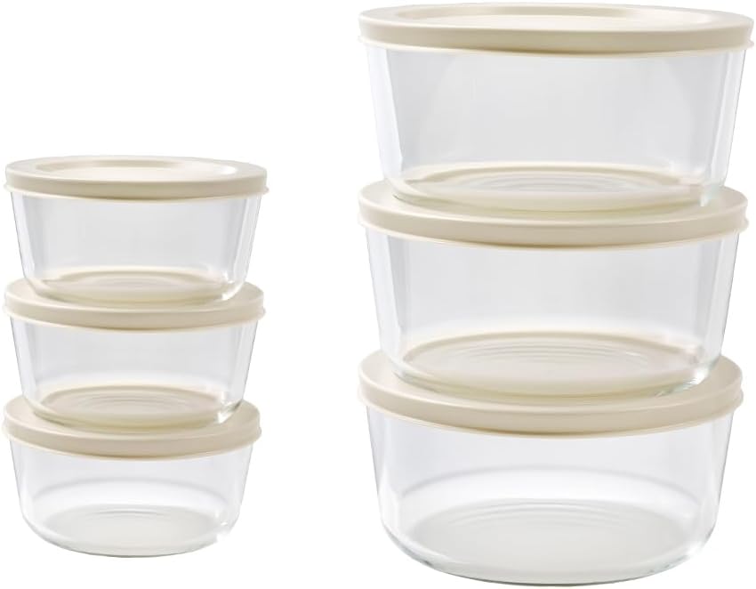 12-Piece Glass Food Storage Containers Set (6 Containers + 6 BPA-Free Lids) | 2-Cup & 4-Cup, Leakproof | Microwave, Freezer, Oven & Dishwasher Safe | Ideal for Meal Prep & Pantry Organization, Beige