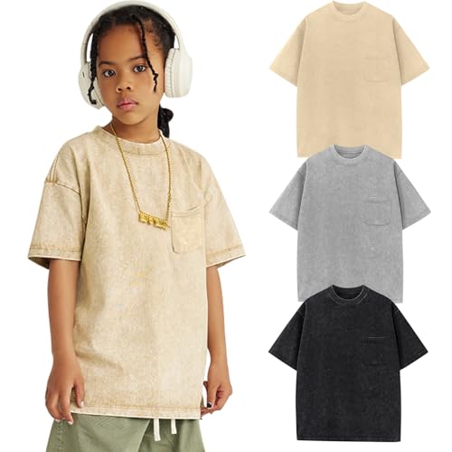 Arssm Boys Girls T-Shirts Cotton Acid Wash Oversized Tees Kids Crewneck Summer Basic Tops