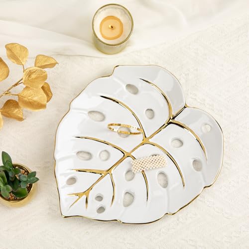 Ceramic Leaf Shaped Decorative Tray, White Gold Monstera Leaf Plate 12.6"x11" for Jewelry, Keys, Snack, Candle Holder, Modern Table Centerpiece Home Decor
