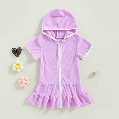 Image of Girls Terry Cloth Swim Cover Up Zip Up Hooded Bathing Suit Coverup Wraps Rufled Kids Pool Beach Robe Cover-Up Dress