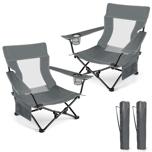 Image of HaSteeL Folding Beach Chair Set of 2, Foldable Grey Camping Chairs for Outside, Low Beach Chair Portable for Adults Fishing, Picnic, Outdoor BBQ, Travel, Sports, Cup Holder & Storage Bag