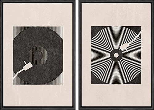SIGNLEADER Framed Canvas Print Wall Art Set Mid-Century Geometric Music Record Player Shapes Abstract Illustrations Modern Art Chic Boho Colorful for Living Room, Bedroom, Office - 24"" x36 x2 BLACK