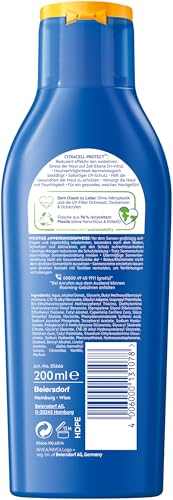 NIVEA SUN Schutz & Pflege Sonnenlotion LSF 50+, wasserfester Sonnenschutz mit Vitamin C & Hyaluron, schnell einziehende Sonnencreme für 48h Feuchtigkeit ohne weiße Rückstände (200 ml)