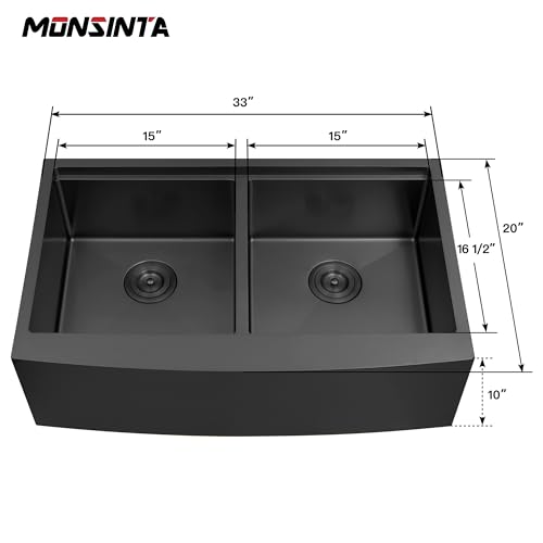 MONSINTA Black Double Farmhouse kitchen Sink,16-Gauge SUS304 Stainless Steel Farm Sinks, 50/50 Apron Front Features Workstaion Sink With Accessories,33''×20''×10" Large and Deep Double Kitchen Sinks by MONSINTA - Used condition - Image 2