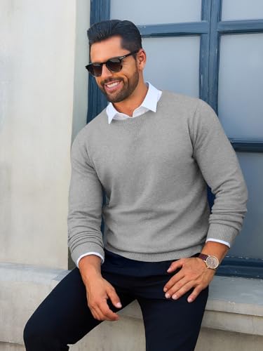 Image of Runcati Mens Crewneck Sweaters Casual Knit Lightweight Dress Sweater Long Sleeve Slim Fit Fall Winter Pullover