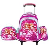 Mochila escolar de rodinhas com LED, kit 3 peças com mochila. lancheira forrada e estojo, para meninos e meninas de 6 a 12 anos (2 PRINCESAS)