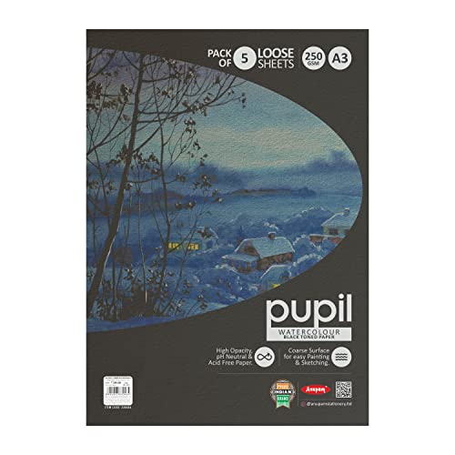 Image of Anupam Pupil Black Toned Paper - Acid Free - Cold Press Paper - 5 Loose Sheet - 225 GSM - A3