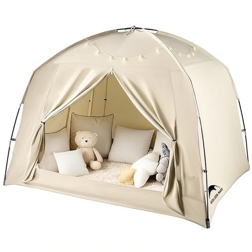 Bed Tents for Kids and Adult, Portable 100% Breathable and 93% Blackout Dream Play Tent, 3 Doors Big Privacy Space Sleeping Canopy for Indoor Floor or Twin Full Queen Sizes Bed (Khaki, Queen- Size)