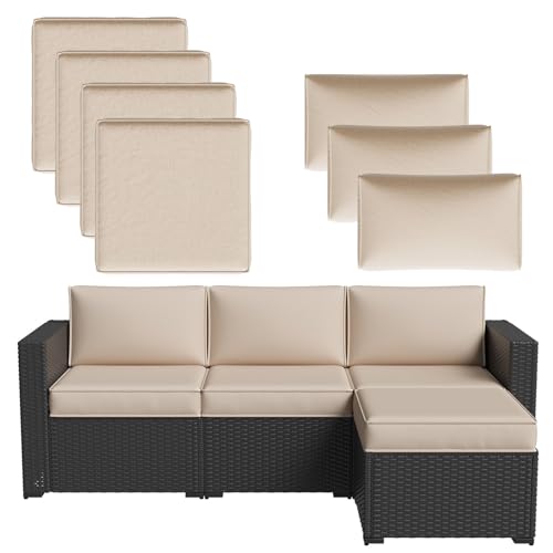 Aoxun Patio Furniture Cushions for Outdoor Furniture Set of 4, Thick Replacement Patio Couch Cushions for Outdoor Furniture, 7-Piece Splashproof Fade Resistant Outdoor Couch Cushions, Beige
