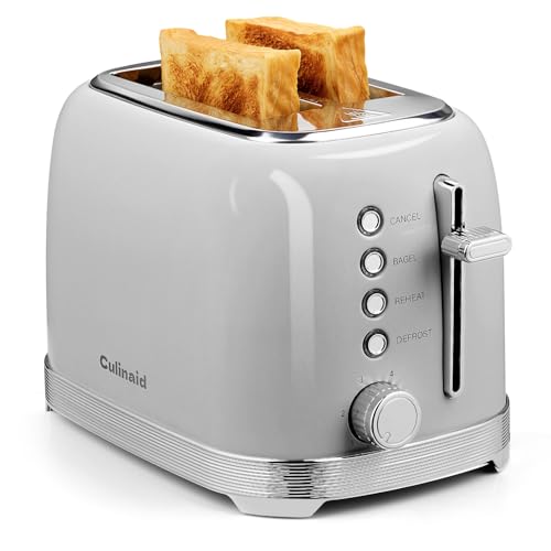 Culinaid Toaster 2 Slice Retro Stainless Steel with 1.5” Extra Wide Slots Bagel, Defrost, Reheat, Cancel Functions, 6 Bread Shade Settings, Removable Crumb Tray, Gray