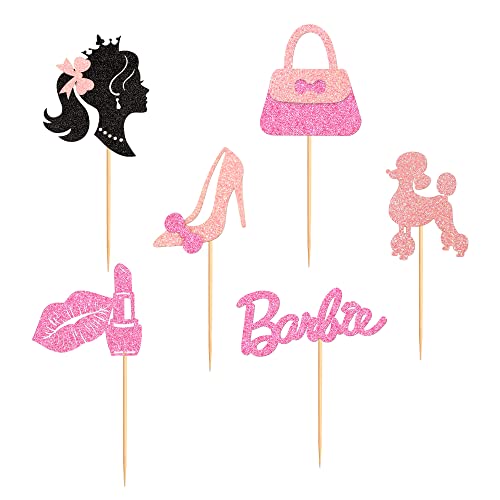 Ercadio 24 Pack Princess Cupcake Toppers Black And Pink Glitter Girls Cupcake Toppers Handbag High Heel Lipstick Cupcake Picks For Wedding Bridal Shower Girls Birthday Party Cake Decors Supplies #TOP6