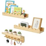 autumndeer 3er Set Bücherregal Wand mit Haken, Schweberegal, Holz Wandregal 40cm, Wandregal Bilderleist Wandmontage, Bücher Spielzeug für Wohnzimmer, Küche, Arbeitszimmer, Schlafzimmer